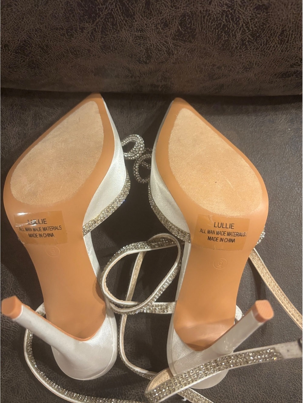 Lulus Ivory Satin Rhinestone Bow Wedding Heels Pointed Toe Size 6 - Picture 6 of 7
